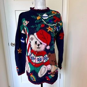 Vtg Hand knit Holiday Sweater w/Red Whip Stitching Navy Blue Sz L